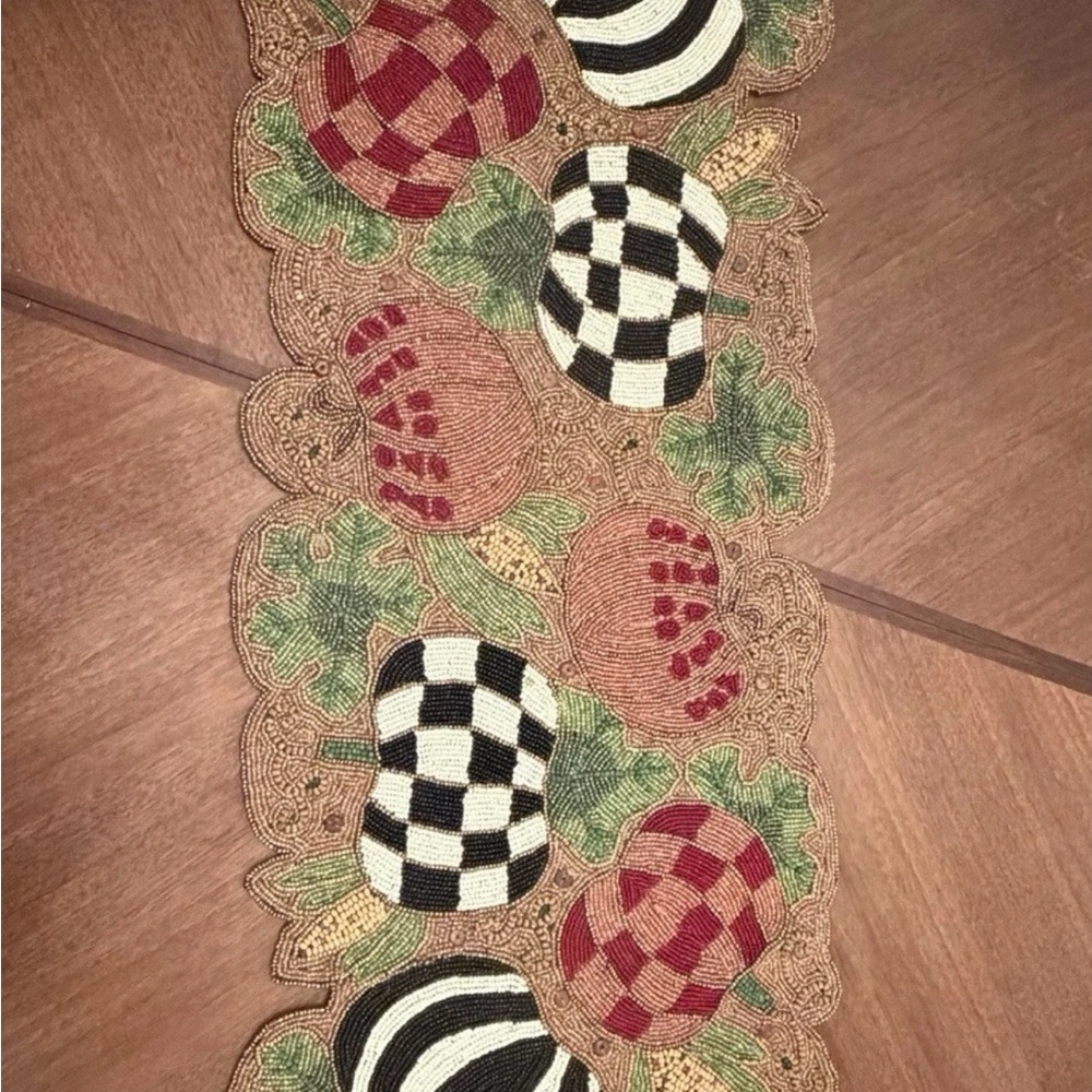 Handhooked Checker & Stripe Apple Table Runner in Red, Black, Cream, Green Mac